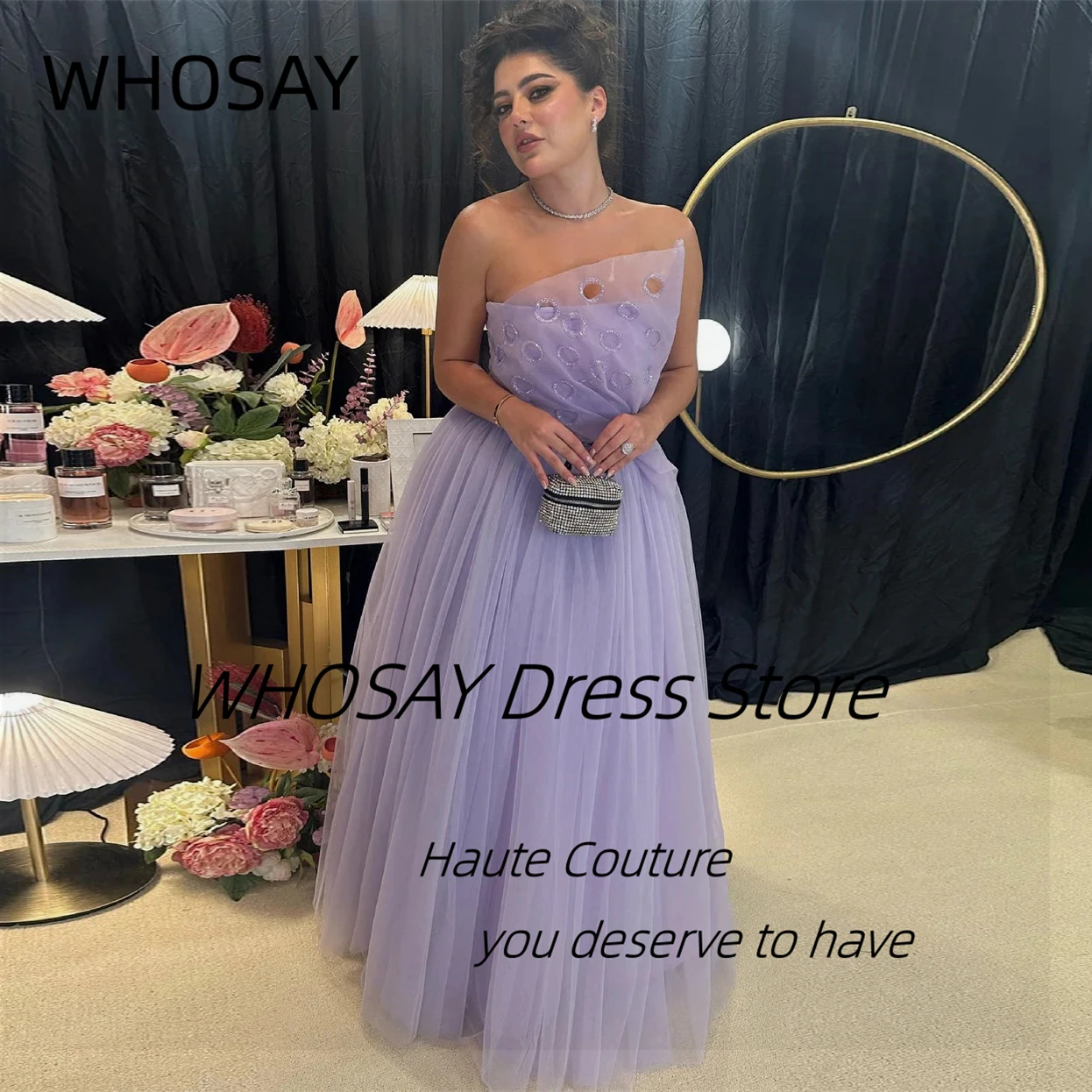 WHOSAY Soft Tulle Prom Dresses Keyhole Decoration Strapless Bride Wear Wedding Party Dress Sexy Back Vestidos Evening Gowns