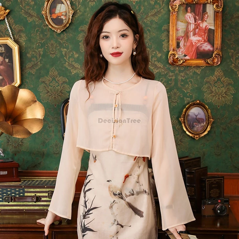 2024 new vintage chinese ethnic solid color sun protection top summer dainty versatile gauze outerwear coat fairy chiffon shawl