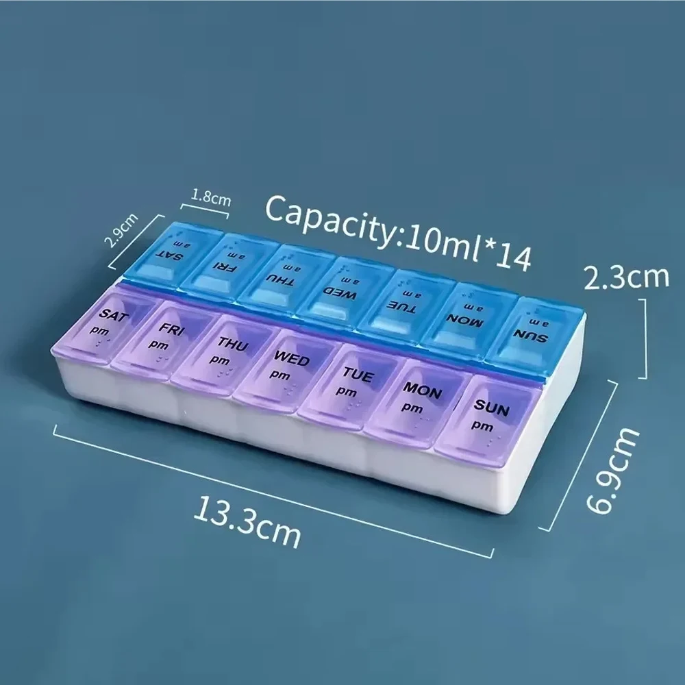 علبة حبوب منع الحمل 7 أيام أسبوعي صندوق تخزين الأدوية صف مزدوج 14 شبكة Tablte موزع المنظم غطاء مفتوح حاوية أدوات الإسعافات الأولية