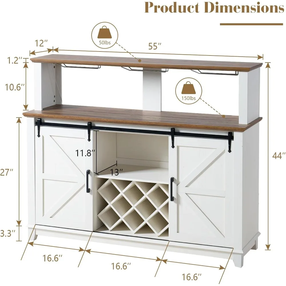 Credenza Buffet con contenitore, armadietto da bar per vino e caffè in fattoria da 55 pollici con luce a LED, armadio portaoggetti con ante di fienile per la casa