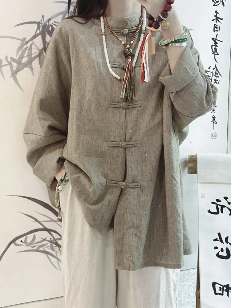 

Женская рубашка свободного кроя из хлопка и льна, большие размеры, на пуговицах, в традиционном китайском стиле, летняя новинка, дышащая, комфортная