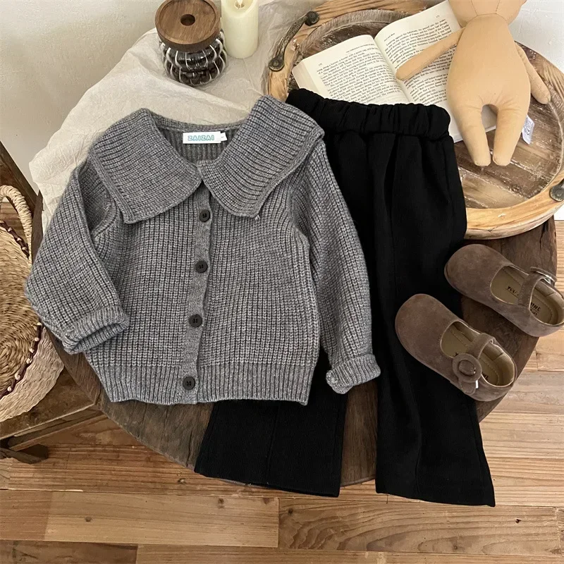 Korean Version Children's Clothing Autumn and Winter Girls' Fashionable Style Set Knitted Sweater+Black Pants Two Piece Set