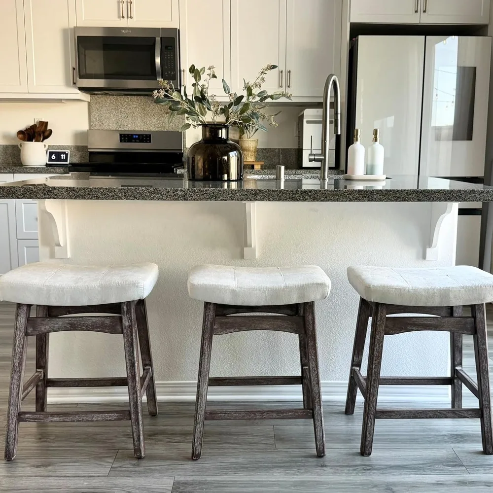 Wood Bar Stools Set, Bartools com assento estofado, Conjunto de 3, 24"