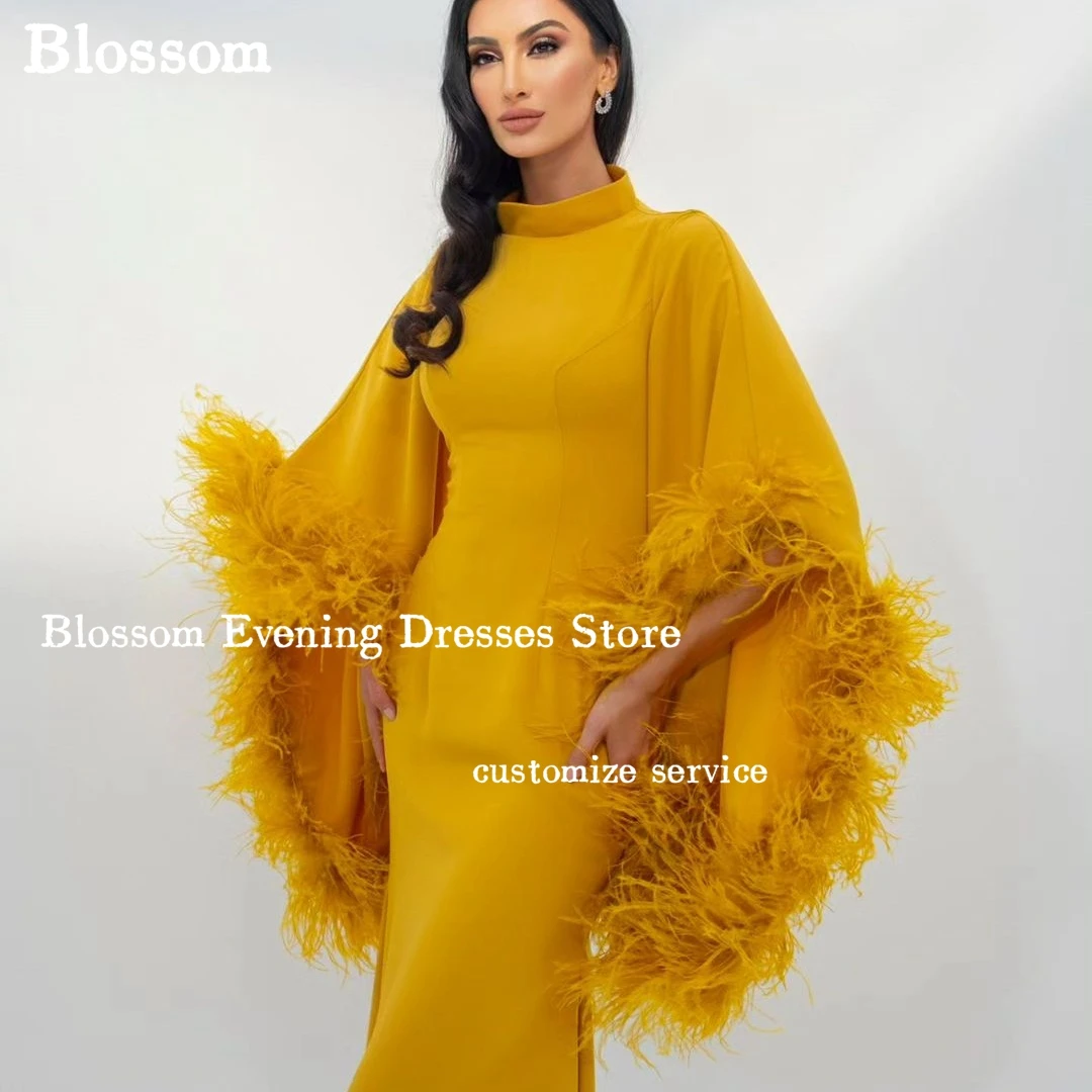 

Long Loose Sleeves Evening Dresses With Feathers Floor-length Prom Dresses Elegant Formal Party Gown vestidos para mujer