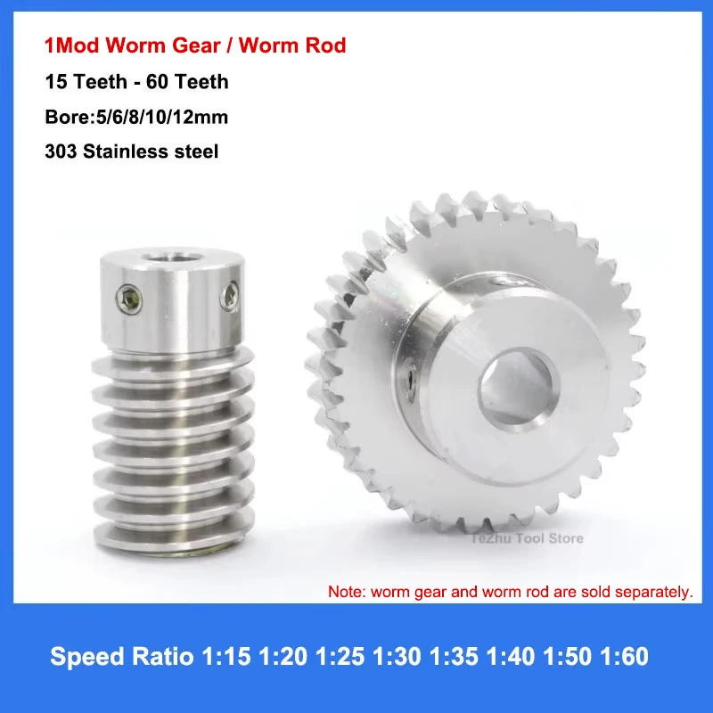 

1pc 303 Stainless Steel 1 Mod Worm Gear Worm Rod 15/20/25/30/35/40/50/60 Teeth Speed Ratio 1:15 1:20 1:25 1:30 1:35 1:40 1:60