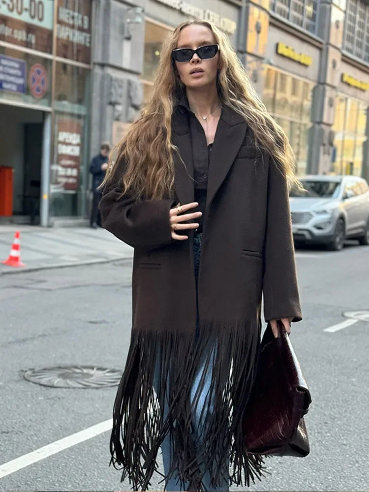 Elegant Brown Long Tassels Hem Woolen Overcoat Women Turn-down Collar Long Sleeve With Pocket Jacket 2024 New Lady Outerwear