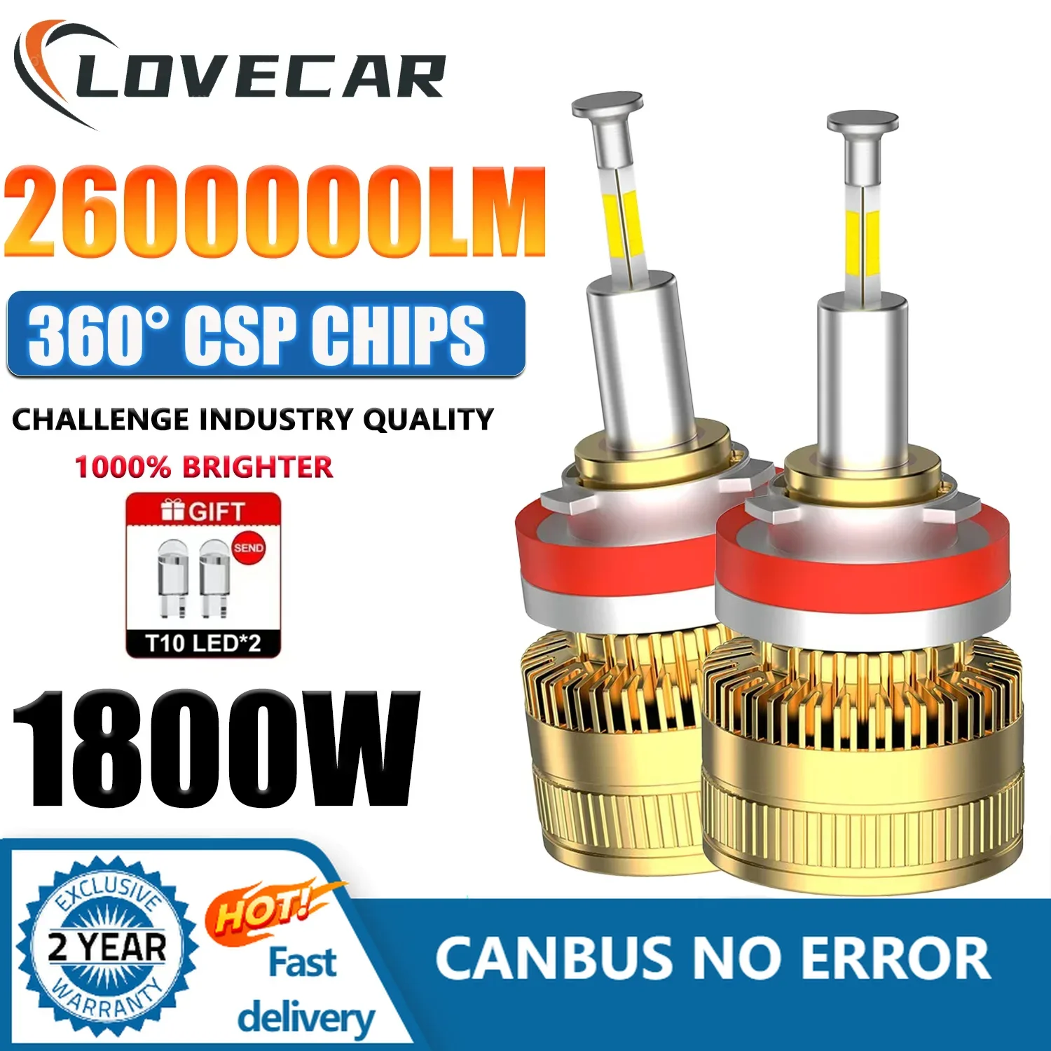 

LOVECAR 2PCS 16 CSP H11 1800W LED Headlights Canbus Turbo Mini Lamp H8 H9 H11 HB3 HB4 9005 LED 6000K Automotive Headlamp Bulb