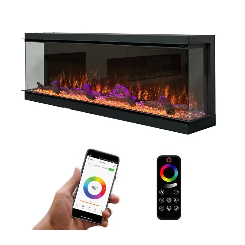 Media Wall Insert Decorative Electric Fireplace Heater 1500w 3 Sided Glasses Electric Fire Place 40 50 60 70 80 90 100 Inch