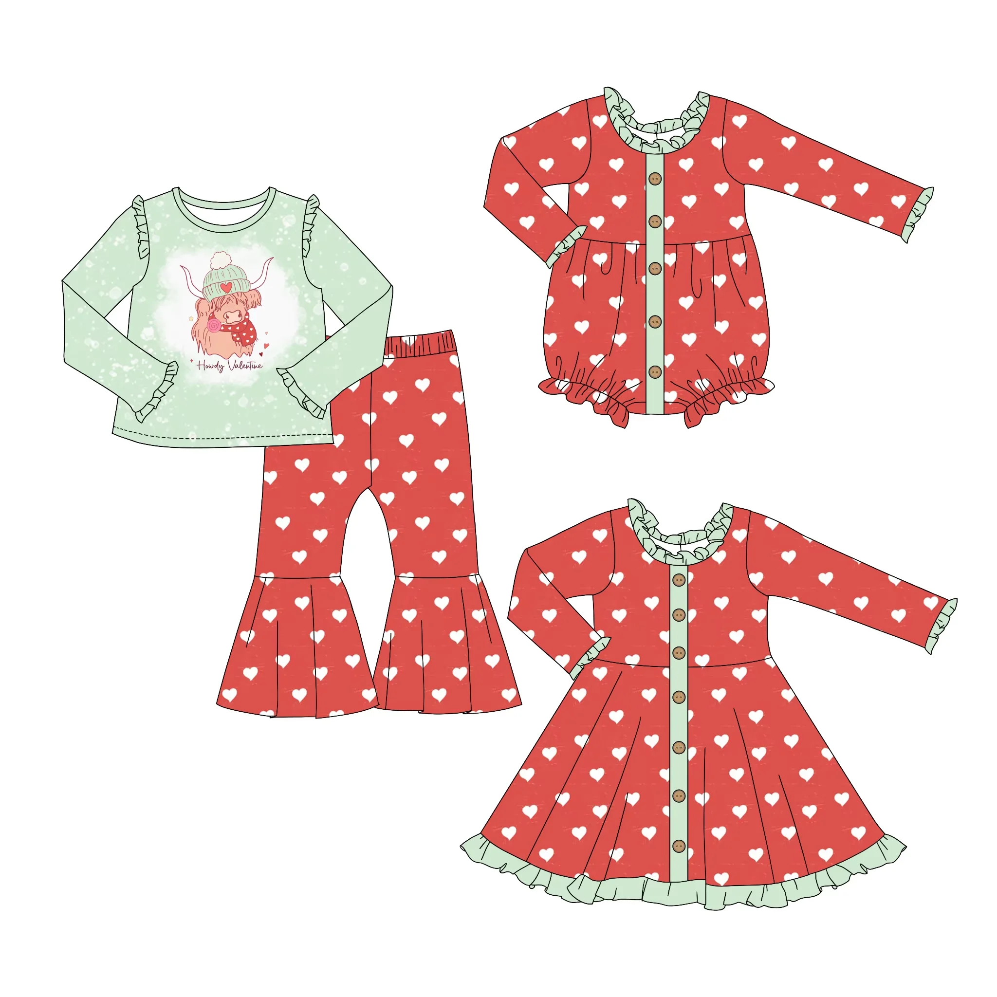 Valentine's Day Children's Boutique Suit Long-Sleeved Lace Love Hat Printed Bell-Bottom Pants Girl Baby Jumpsuit Dress