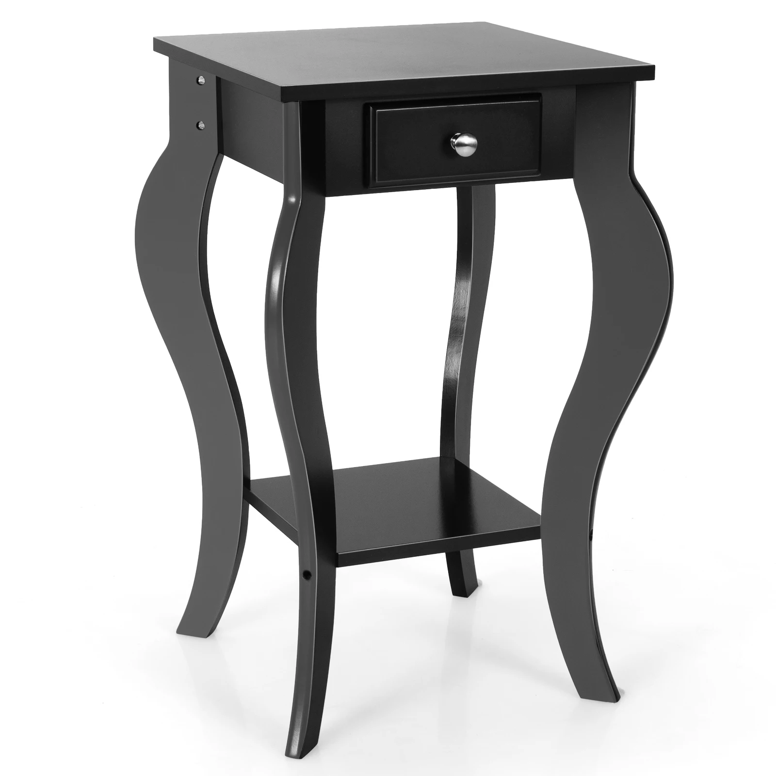 End Side Table with Drawer Bottom Shelf Accent Nightstand Bedroom Black