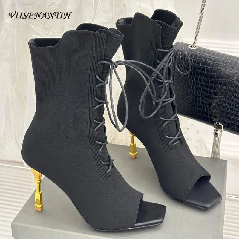 

Black Knitted Women New Boots Lace Up Fish-mouth Toe Metal Heel Short Bota 2023 Designer New Amazing Elegant Chic Bootie