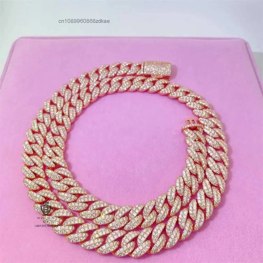 Luxury Gold Plated Moissanite Diamond Hip Hop Miami Moon Shape Necklace 925 Silver 12mm Rose Cuban Link Chain.