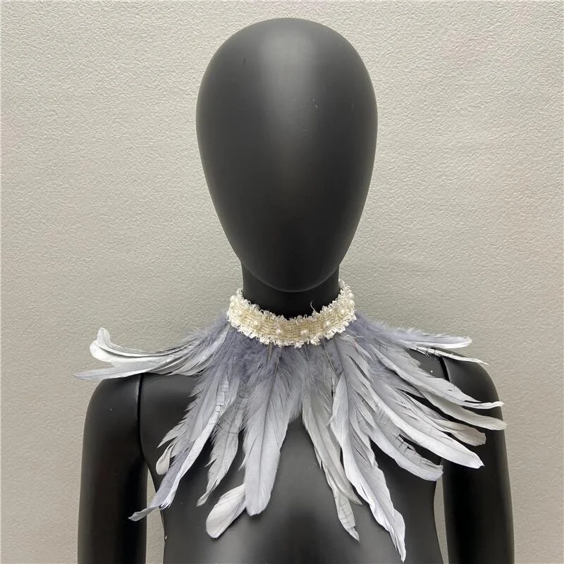 Gothic Punk Feather Shawl Cape Shrug Shoulder Wrap Fake Lace Pear Choker Collar Stole Epaulet Halloween Cosplay Party Stage Show