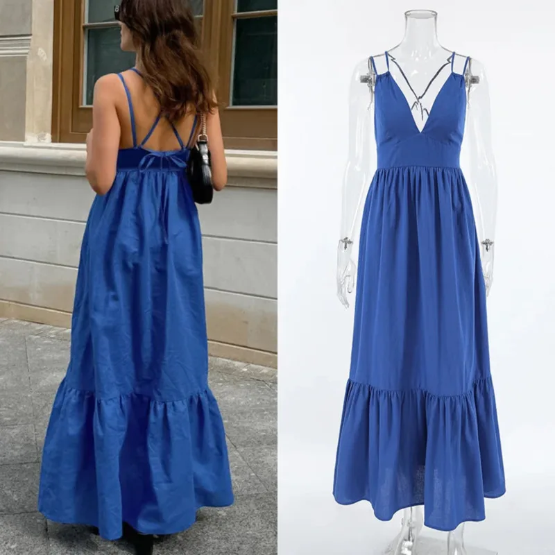 

V Neck Backless Spaghetti Strap Dress Women Casual Elegant A-Line Long Dress For Summer Vacation Beach Holiday Fashion Clothes