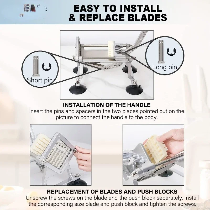 Komercyjny nóż do frytek z 1/2 \'\'3/8\'\' 1/4 \'\'8-klinową ręczny nożyk do siekania warzyw do krojenia ze stali nierdzewnej