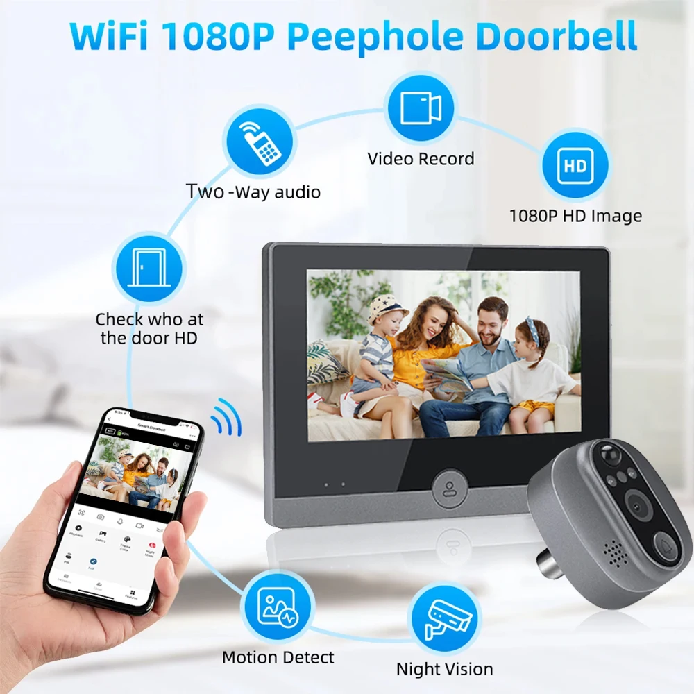 4.3 Inch LCD Peephole Camera 137° Wide Angle Smart PIR Recording Peephole Doorbell Night Vision Door Bell