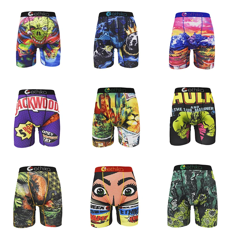 Shorts de boxer longos com padrão estampado masculino, calcinha sexy masculina, moletom respirável e confortável, secagem rápida, boxers elásticas, 1pc