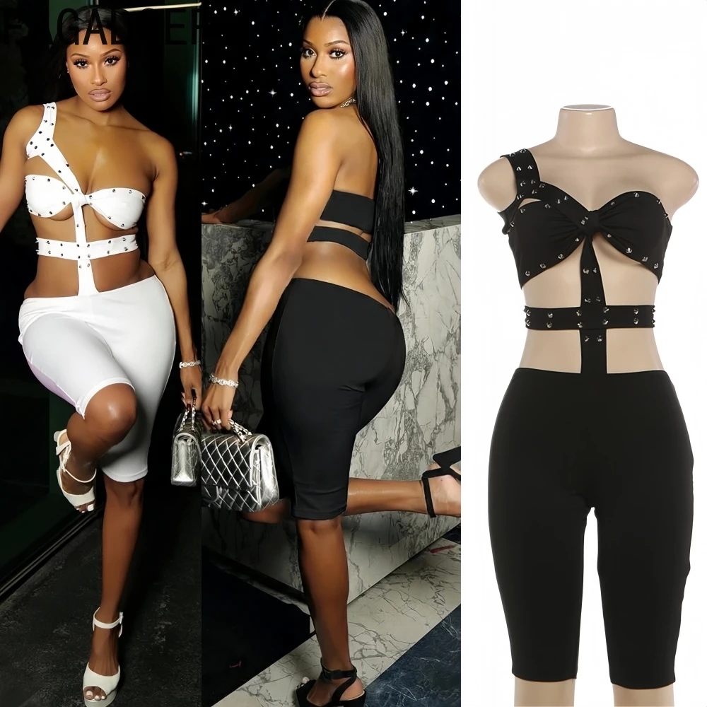 

FAGADOER Spring Sexy Solid Color Bodycon Romper Women Rivet Hollow-out Patchwork Backless Jumpsuits Female Streetwear Overalls