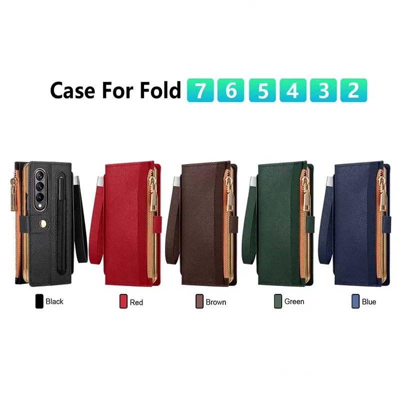 

Кожаный чехол-кошелек для Samsung Galaxy Z Fold 7 6 5 4 3 2 ZFold7 Zfold6, откидная крышка с слотом для карт на молнии и держателем S Pen, противоударный