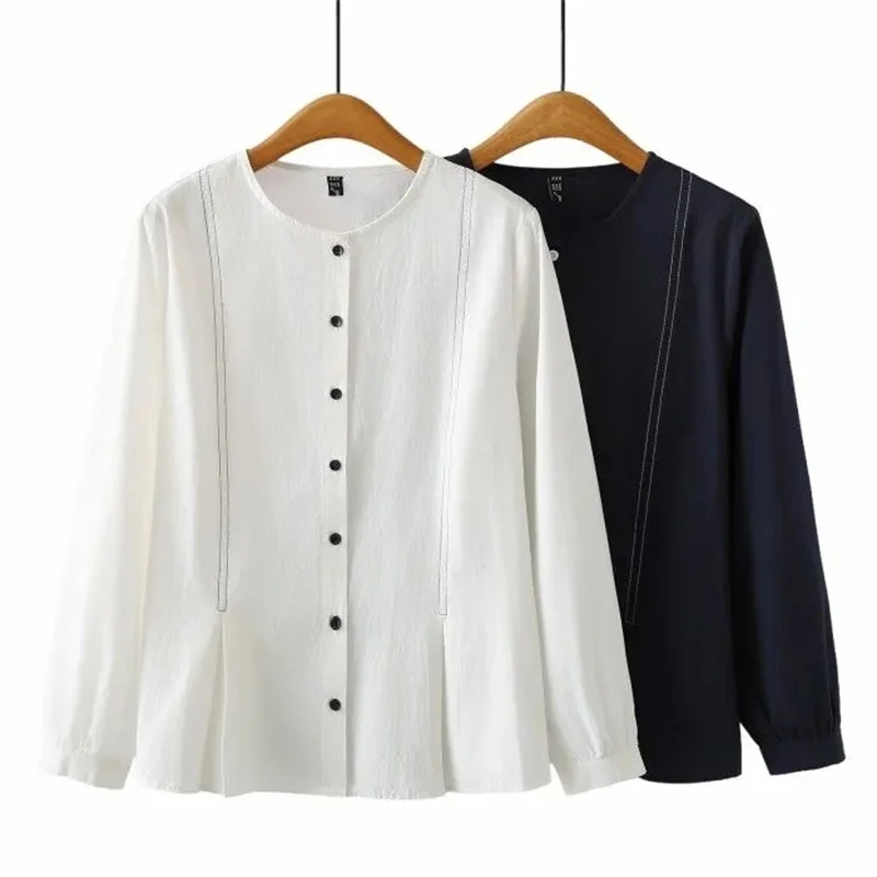 

Korean Women High-end Large Size 4XL Casual Shirts Spring Female Fashion Round Neck Blouse Coat Autumn Ladies Solid Color Jacket