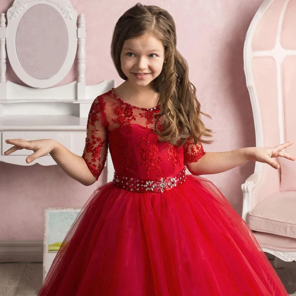 

Red Flower Girl Dresses Half Sleeves Fluffy Pageant Gown Wedding Birthday Prom First Communion Child Princess Ceremony Dress