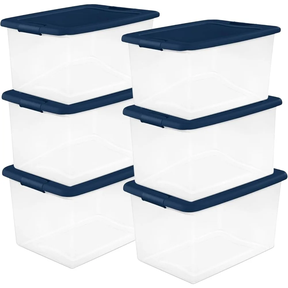 

6-Pack Color Program, Large Clear Plastic Storage Bins with Lids, 64 Quart, Blue - Stackable Organizing Container Boxes for Clo