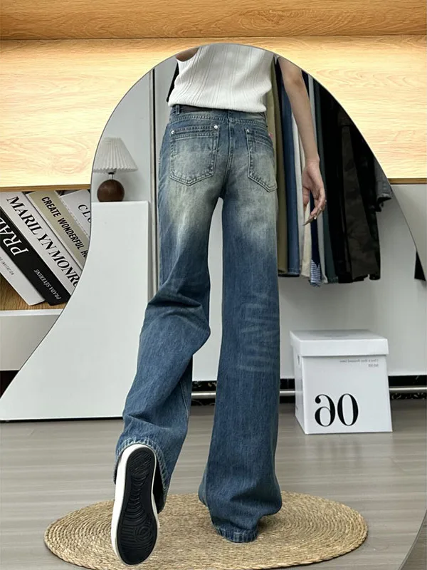 로우 웨이스트 빈티지 아메리칸 데님 진 여성용 루즈 스트레이트 레그 플로어-길이 드레이프 바지 가을 신상품