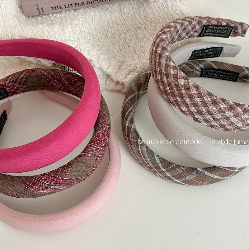 New Headwear Padded Headband Solid Color Plaid Grid Wide Cross Puffy Hairbands Soft Fabric Hair Rope Girl Women Hair Accessories