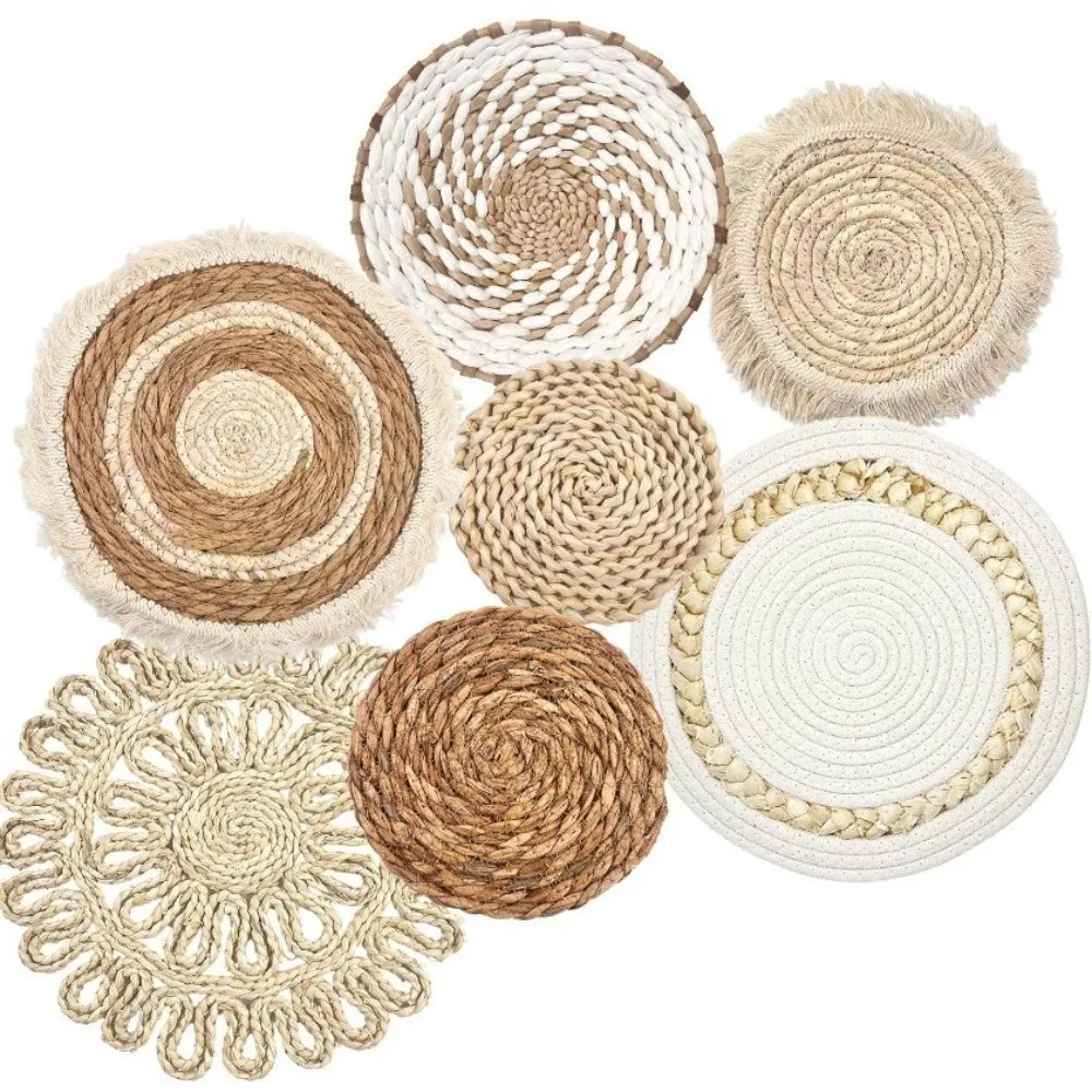 Boho Straw Woven Tray Wall Decor Round Basket Non Slip Straw Wall Hangings Macrame Heat Resistant Woven Coaster Placemat