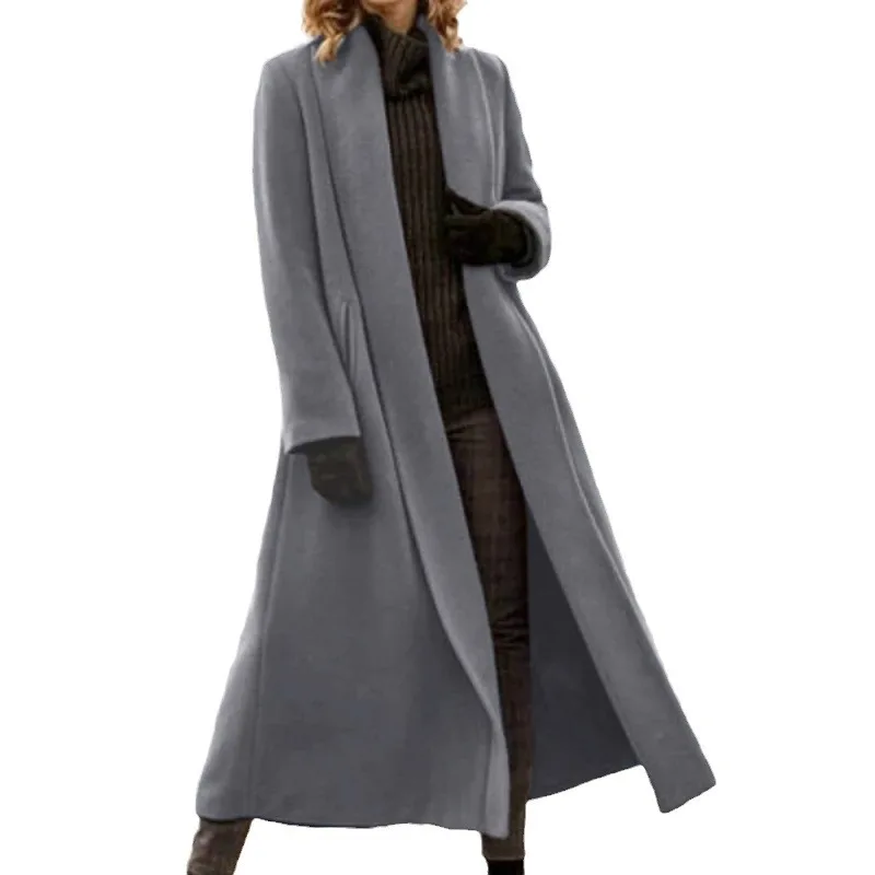 Super Long Coat  Fat and Enlarged Coat Casual Woolen Trench Coat Cross-border Women's Clothing Europe and The United States