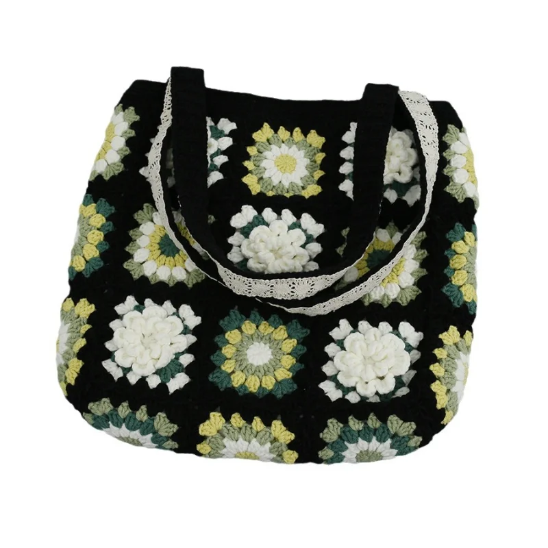 New handwoven flower shoulder bag, professional wool crocheted black grandmother checkered bag, crocheted bag finished product