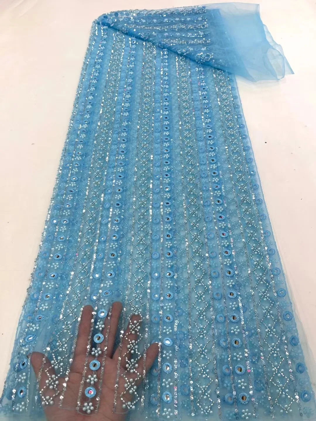 5 yards Bead vertical grain high quality African lace fabrics with stones 2023 Nigerian Sequin lace fabric for wedding wear Sew