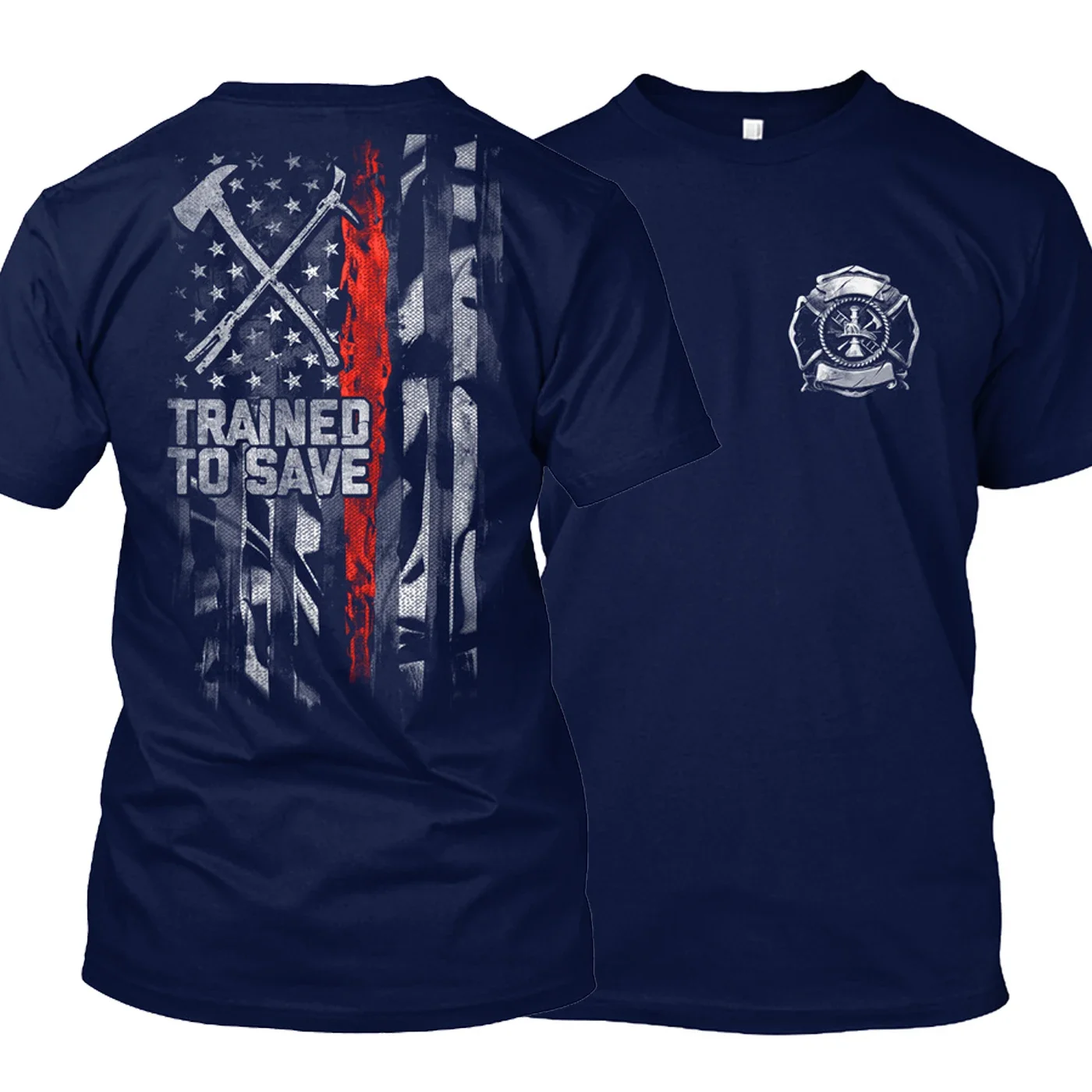 Firefighters: Trained To Save- American Flag Fireman Gift T-Shirt 100% Cotton O-Neck Short Sleeve Casual Mens T-shirt Size S-3XL