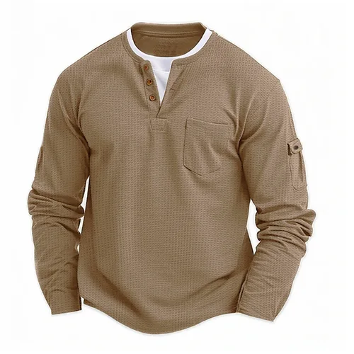 Imagen 2 del producto Nueva camisa con cuello Henley y botones para hombre, camiseta informal de manga larga con botones de color sólido, camiseta falsa de dos piezas de algodón con gofres a la moda