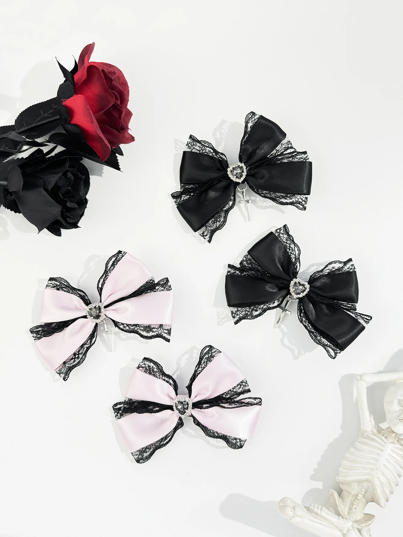 2pcs/set Gothic style heart-shaped cross lace bow hair clip, women's landmine series, mass-produced Lolita hair accessory