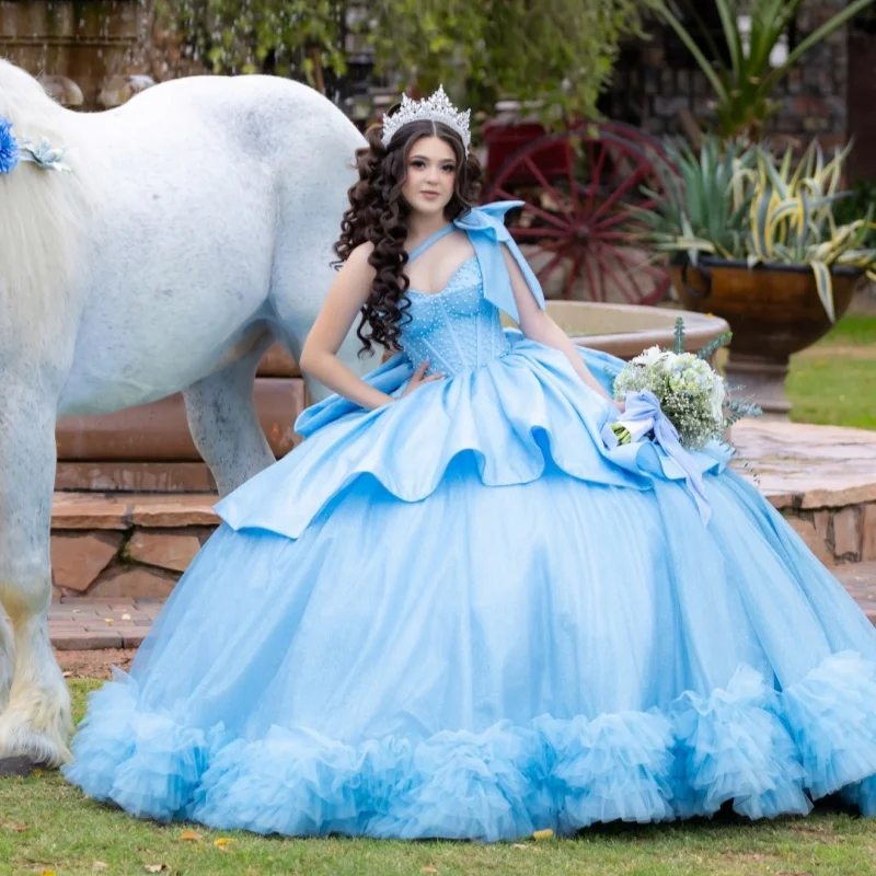 

Blue Quinceanera Dresses Off the Shoulder Crystal Lace Ruffle Beadwork Decal Long tail Bow Vestidoe 15 Quinceanera Customize