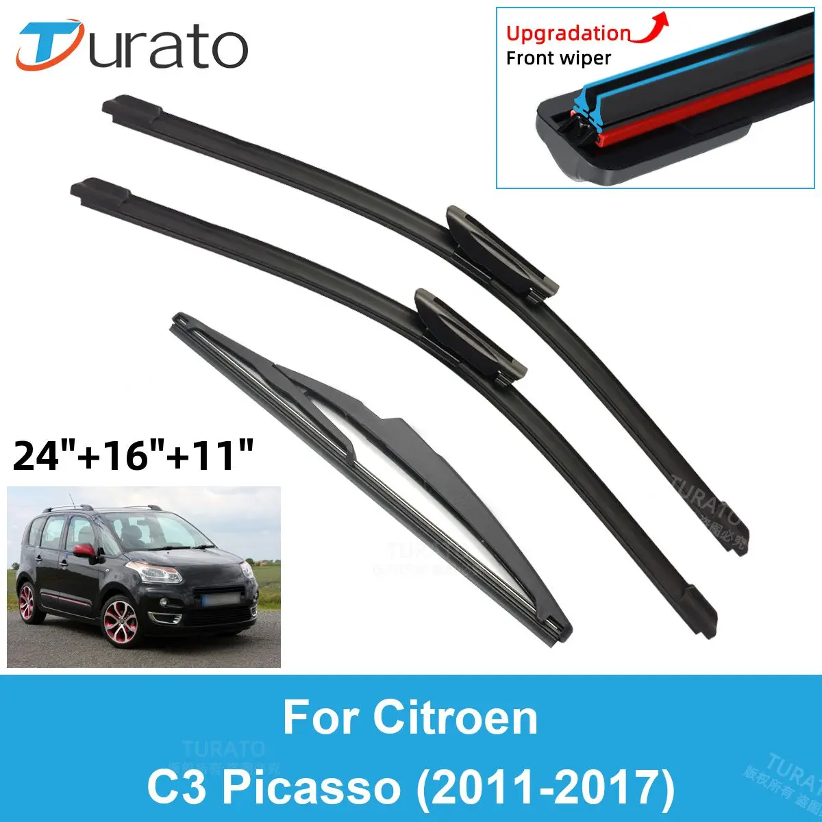 

3PCS Car Wiper Blades for 2011-2017 Citroen C3 Picasso Rear Windshield Wipers Double Rubber Car Accessories 2014 2015 2016 2017