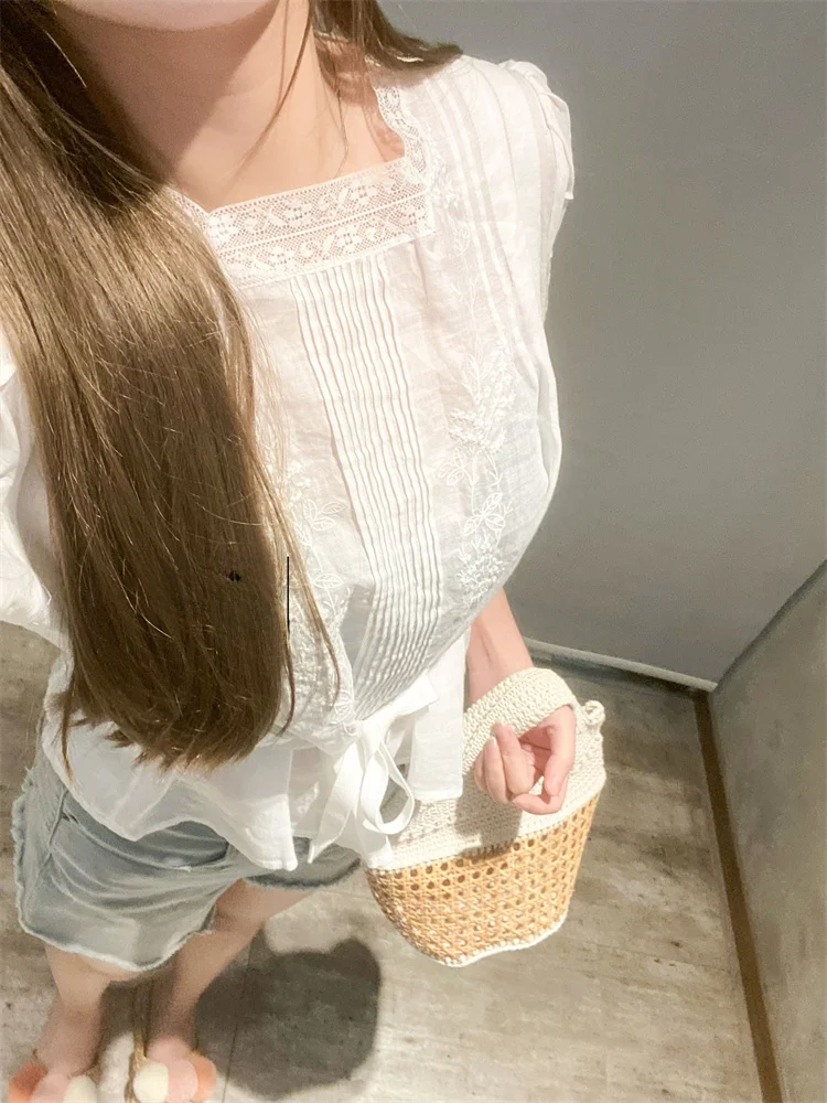 

Susan Do Small White Flax Lace Embroidery Belted Square Collar irt Top French Sle Slim Fit Long Sve ort Length Pure ...