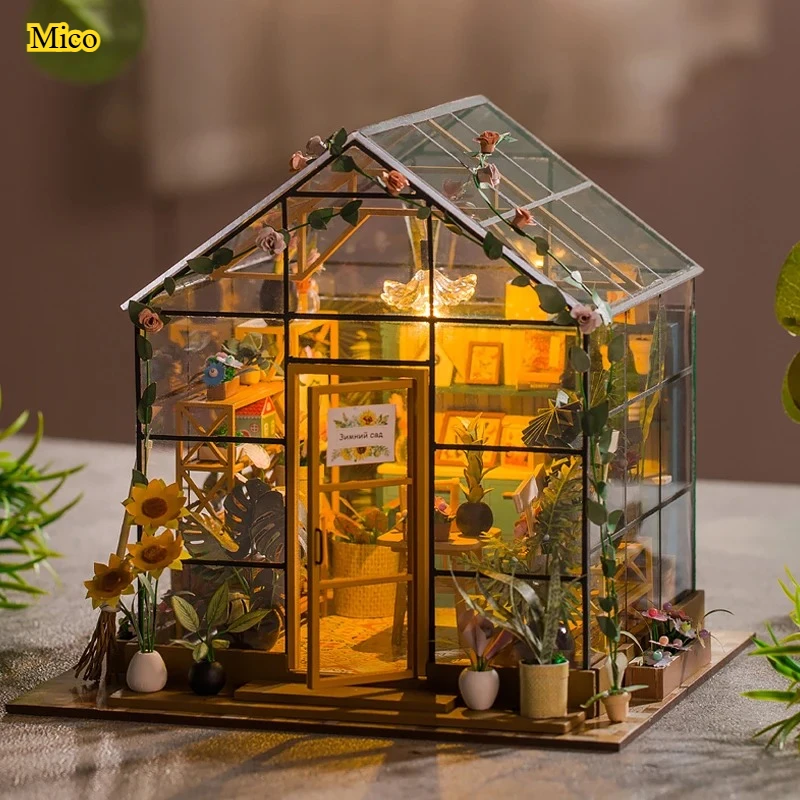 

Миниатюрный набор для сборки кукольного домика-цветочницы, 3D деревянный пазл, настольное украшение и декор для спальни с мебелью