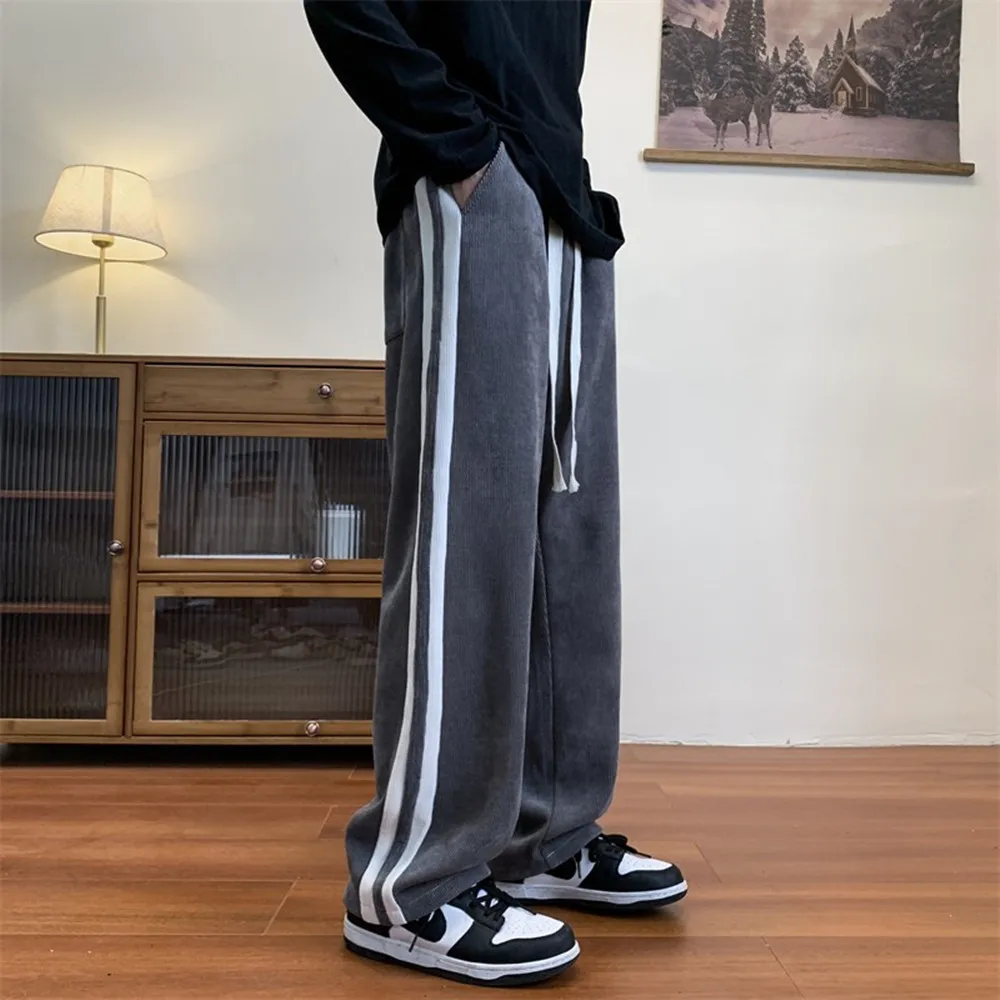 Men Casual Sweatpants Corduroy Fleece Autumn and Winter Wide Leg Pants Streetwear Loose Mens Trousers Versatile Man Pants