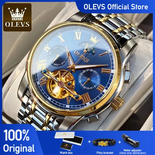 OLEVS-Reloj de pulsera de acero inoxidable para Hombre, accesorio masculino de pulsera resistente al agua con mecanismo automático, complemento mecánico de marca de lujo con cronógrafo