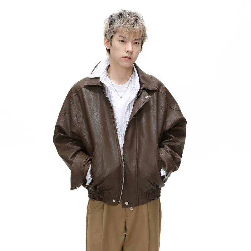 

SYUHGFA High Street мужские куртки из искусственной кожи, однотонные повседневные мужские куртки с отложным воротником, свободное мужское пальто на молнии, осень 2023 г.