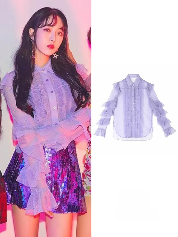 

Jisoo Purple Lace Trimed Chiffon Shirt See through Stage Performance Outfit Korean Style Button up Long Sleeve ...