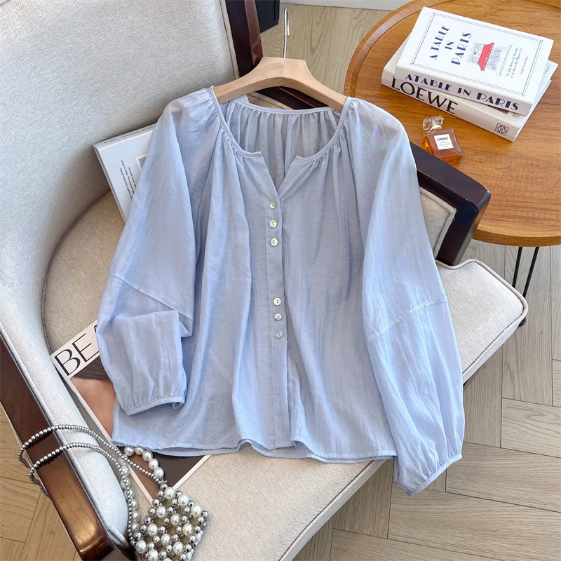 

Casual O-neck lantern sleeve sweet button Elegant Chic Loose Top korean fashion top Plus Size Clothing
