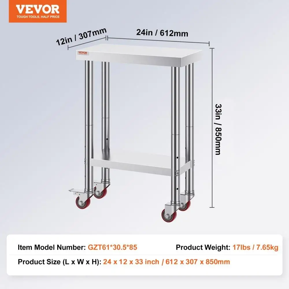 Heavy Duty Stainless Steel Work Table 24x12x32 Inch with 4 Casters for Commercial Kitchen Restaurant Use Prep Table
