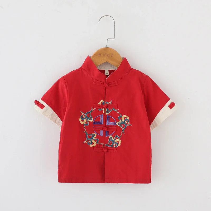 Children Tang Suit Summer Clothes Short-Sleeved Boy Cotton Linen Comfortable Kid Hanfu Embroidery Top Pant Retro Chinese Clothes