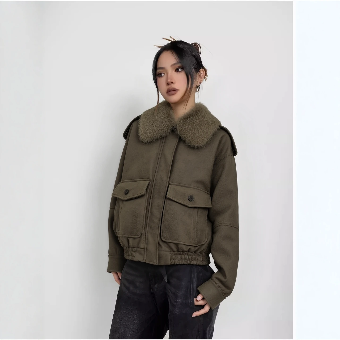 KEYANKETIAN Winter New Women's Clothing Detachable Fur Collar Shoulder Patch Flip Pocket Washed Old Leather Jacket Women Coat
