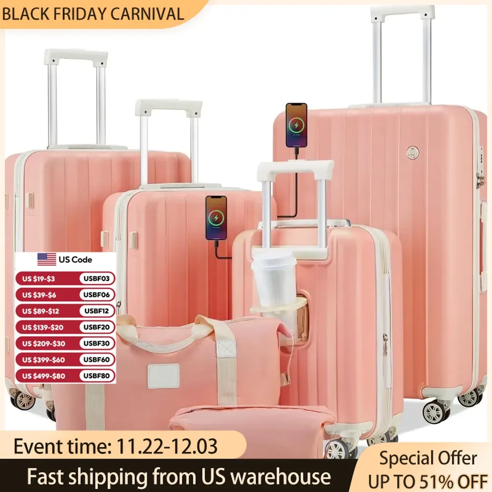 4 Piece Expandable Suitcase Set,Hardside Carry on Luggage with USB Port Cup Holder, Travel Luggage with Wheels TSA Lock