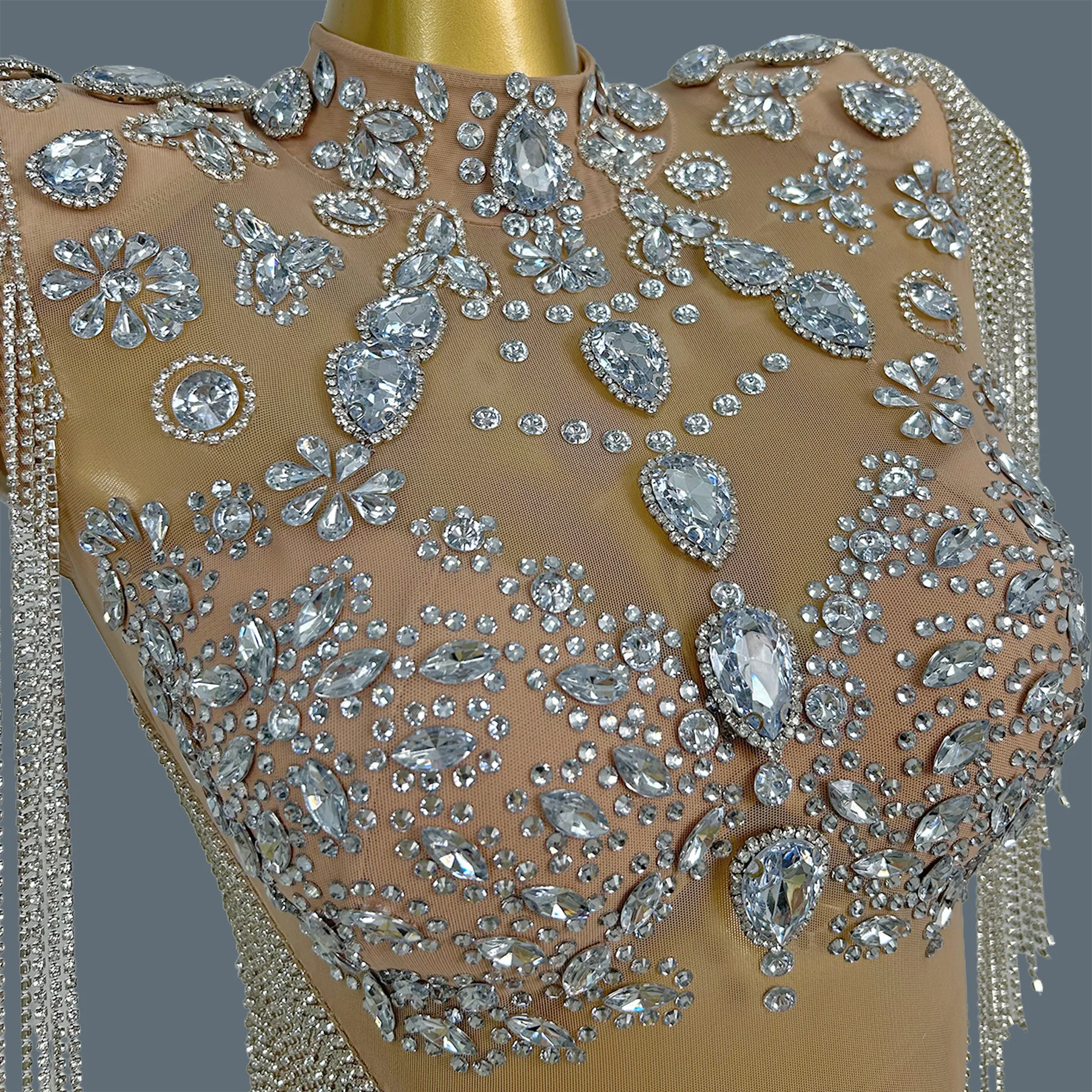 Nude Mesh High Neck Bodysuit Silver Sparkly Rhinestone Crystal Chain Tassel Fringe Outfit Sleeveless Stage Dance Costume Wuyin