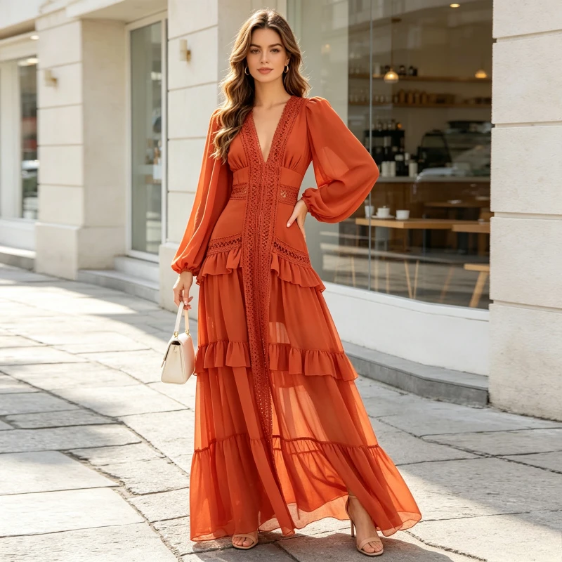 Langes Kleid für Damen, Sexy Tiefer V-Ausschnitt, A-Linie, Laternenärmel, Elegantes Patchwork-Design, Ausgeschnittenes Y2k Streetwear-Kleid mit Rüschen